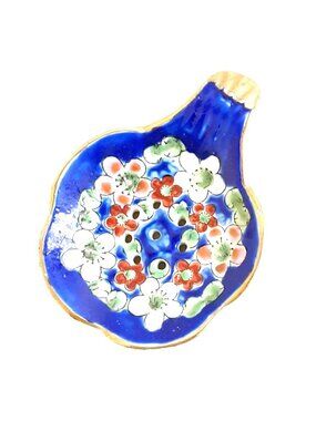 vintage Japanese porcelain tea strainer tea bag holder floral cobalt gold trim